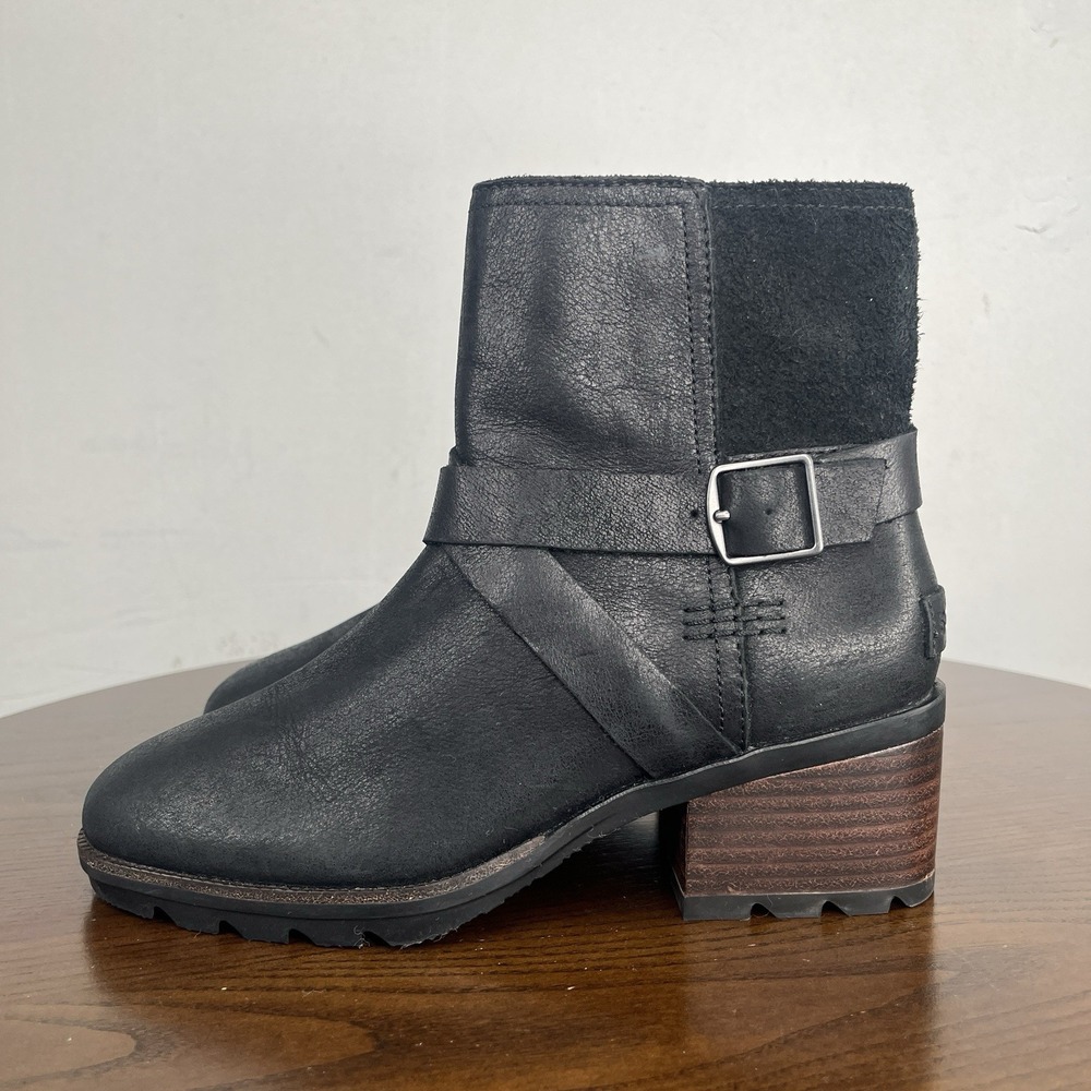 Sorel Cate Boots Women's 5.5 Black Leather Buckle Zip Lug Booties NL3709-010